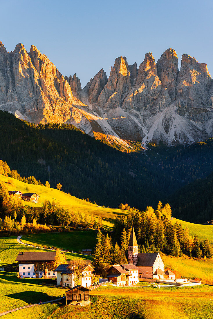 Funes valley in autumn season, Santa Magdalena, Bolzano Province, Trentino-Alto Adige, Italy, Europe