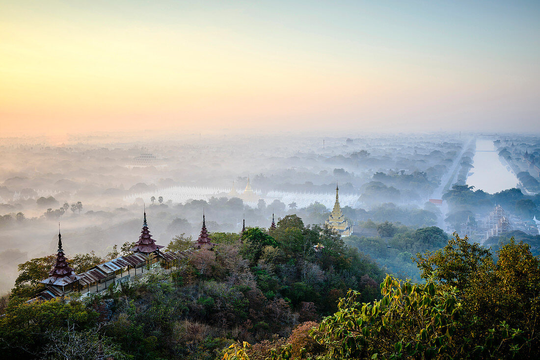 Aerial view of towers in misty landscape, Bagan, Myanmar
