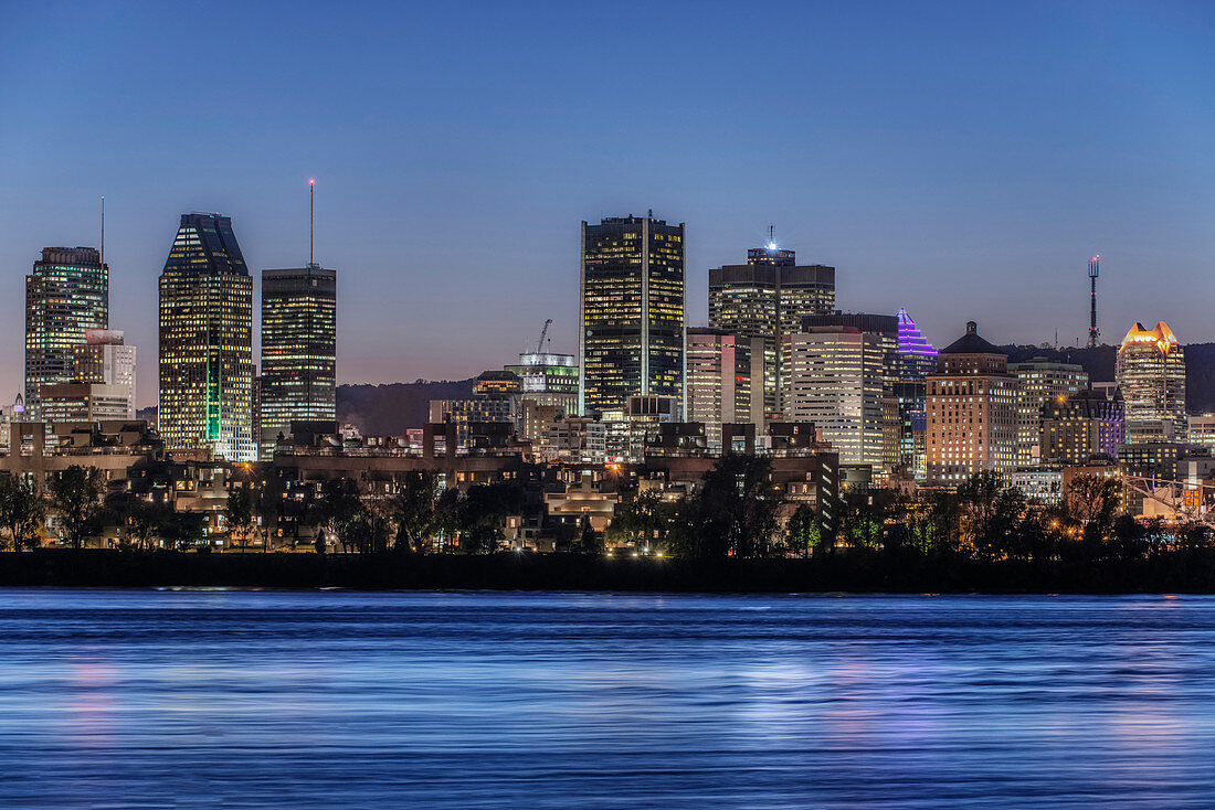 Montreal city skyline lit up at night, Quebec, Canada