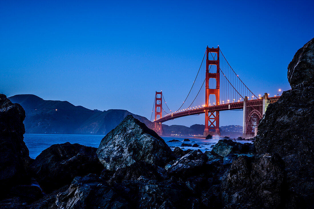 View of Golden Gate Bridge from beach, San Francisco, California, United States