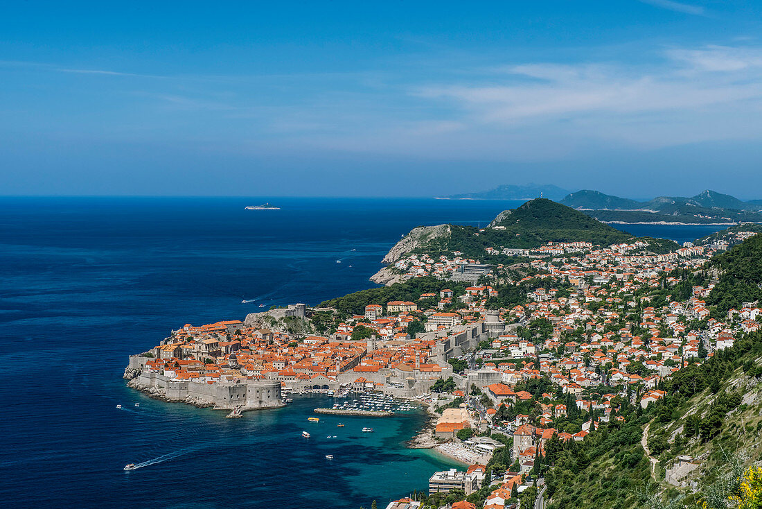 Aerial view of coastal city on hillside, Dubrovnik, Dubrovnik-Neretva, Croatia