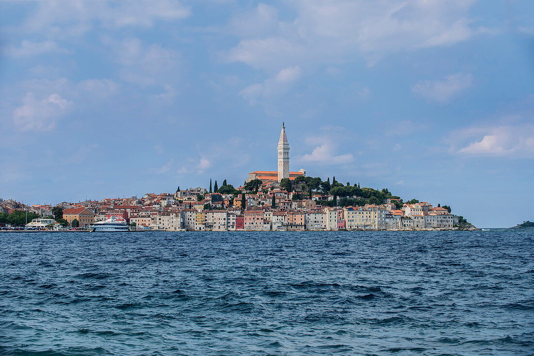 Tower and coastal village on ocean, Rovinj, Istria, Croatia