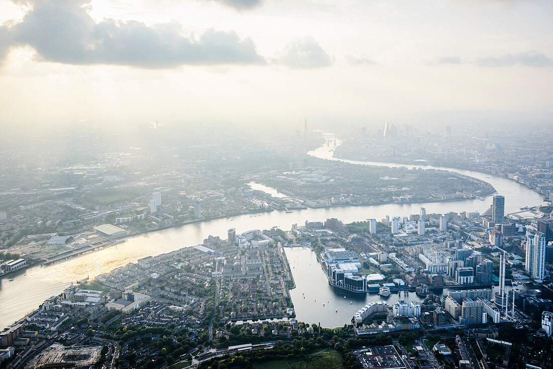 Aerial view of London cityscape and river, England