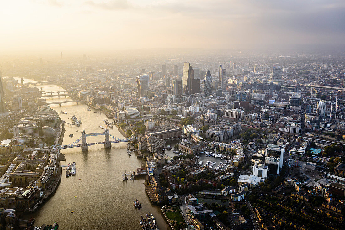 Aerial view of London cityscape and river, England