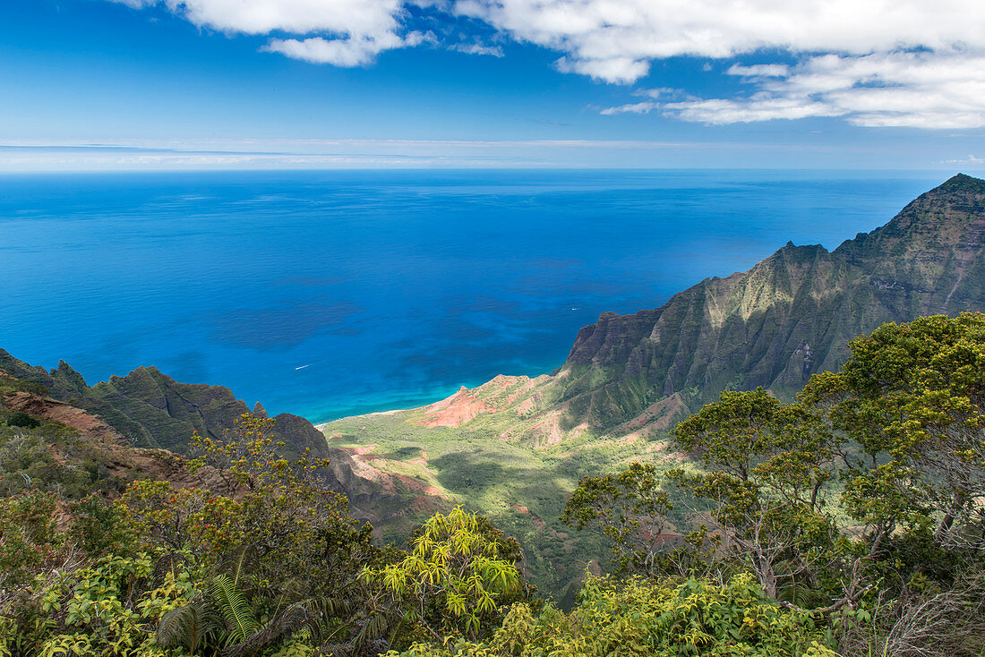 Aerial view of mountains and coastline, Hawaii, USA