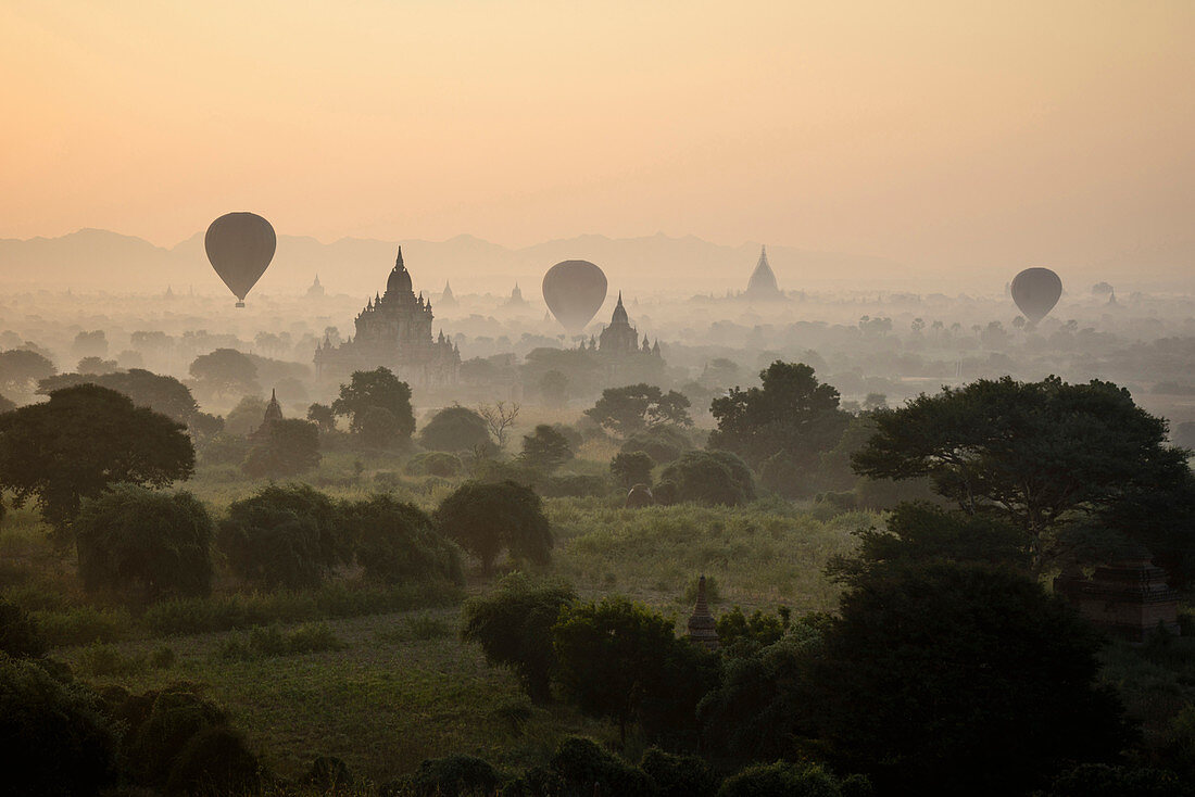 Hot air balloons flying over towers, Bagan, Myanmar