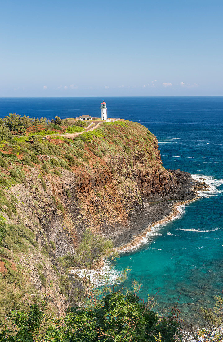 Kilauea Lighthouse on coastline, Hawaii, USA
