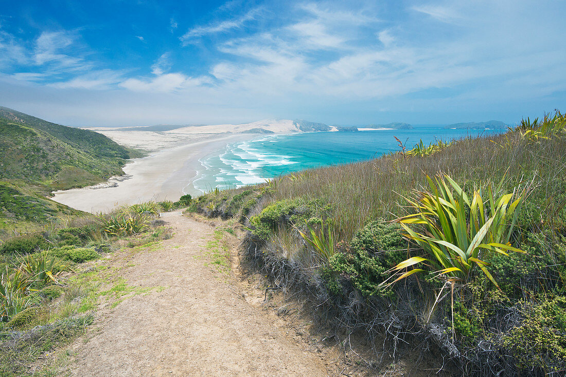 Schotterweg auf Küstenabhang, Te Werahi, Kap Reinga, Neuseeland