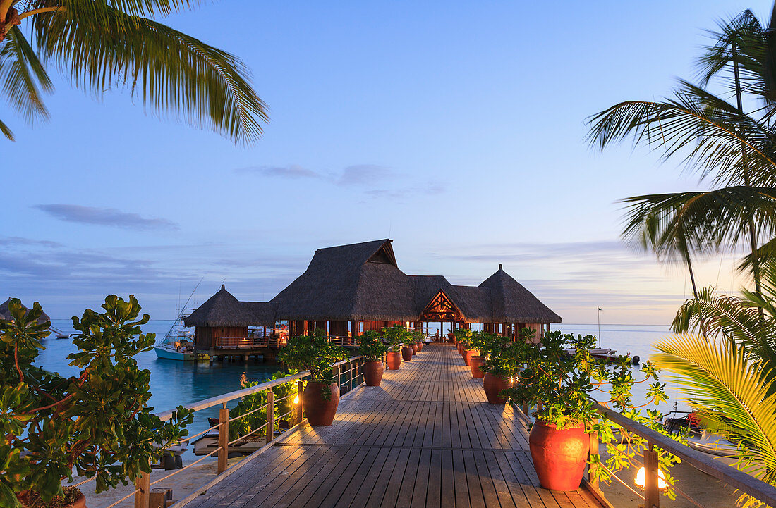 Deck and restaurant over tropical ocean, Bora Bora, French Polynesia