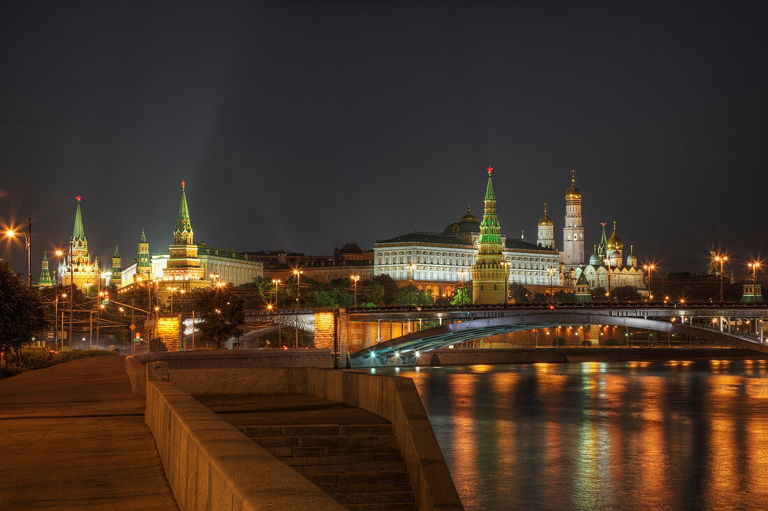 City skyline illuminated at night, Moscow, Russia