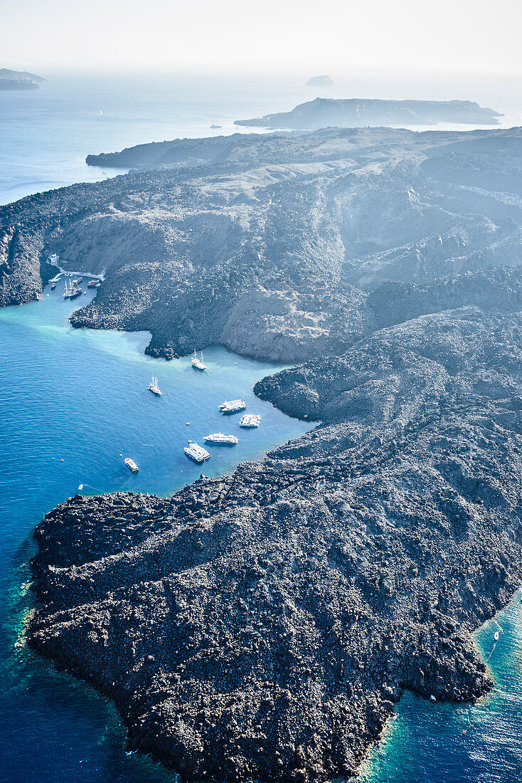 Aerial view of rocky rural coastline, Santorini, Egeo, Greece