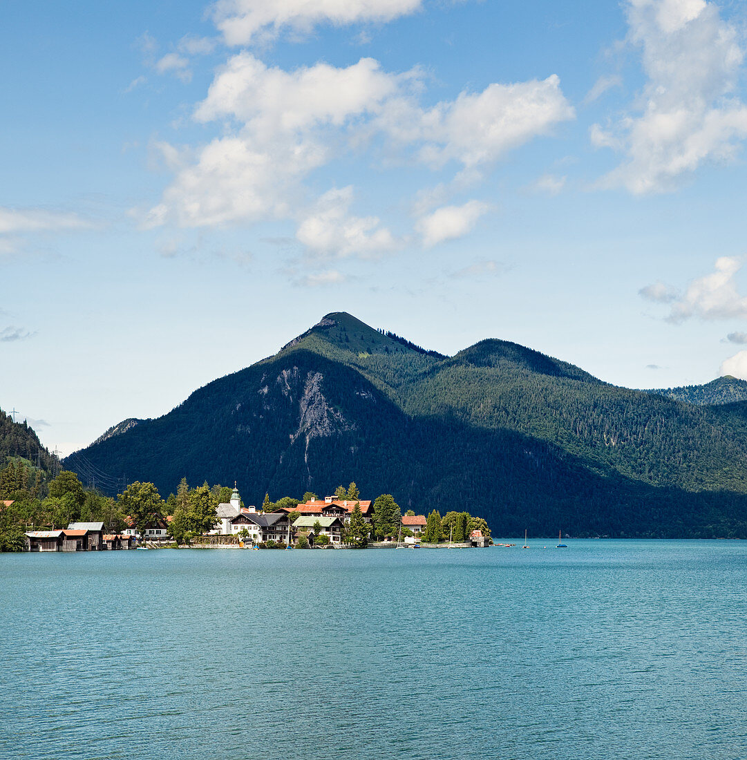 Mountainside Town and Lake,Walchensee settlement, Walchensee, Bavaria, Germany, Europe