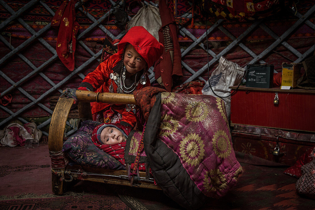 Kyrgyz baby in yurt, Afghanistan, Asia