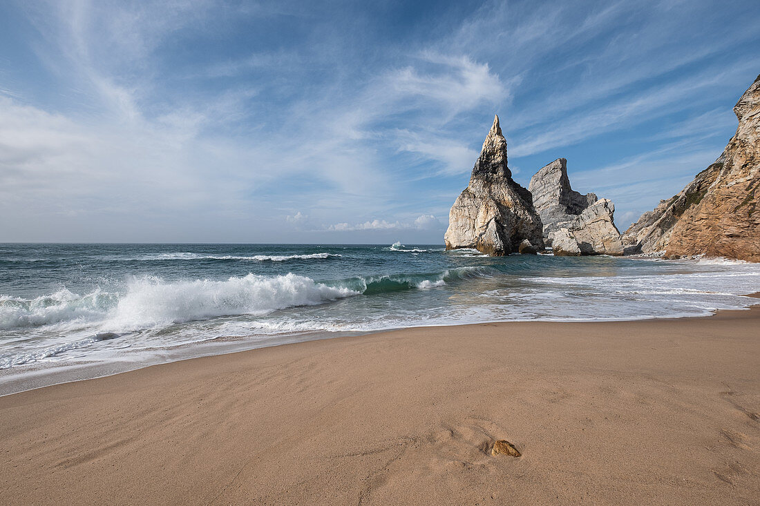 View from the beach on the rocks of Praia da Ursa, Colares, Sintra, Portugal