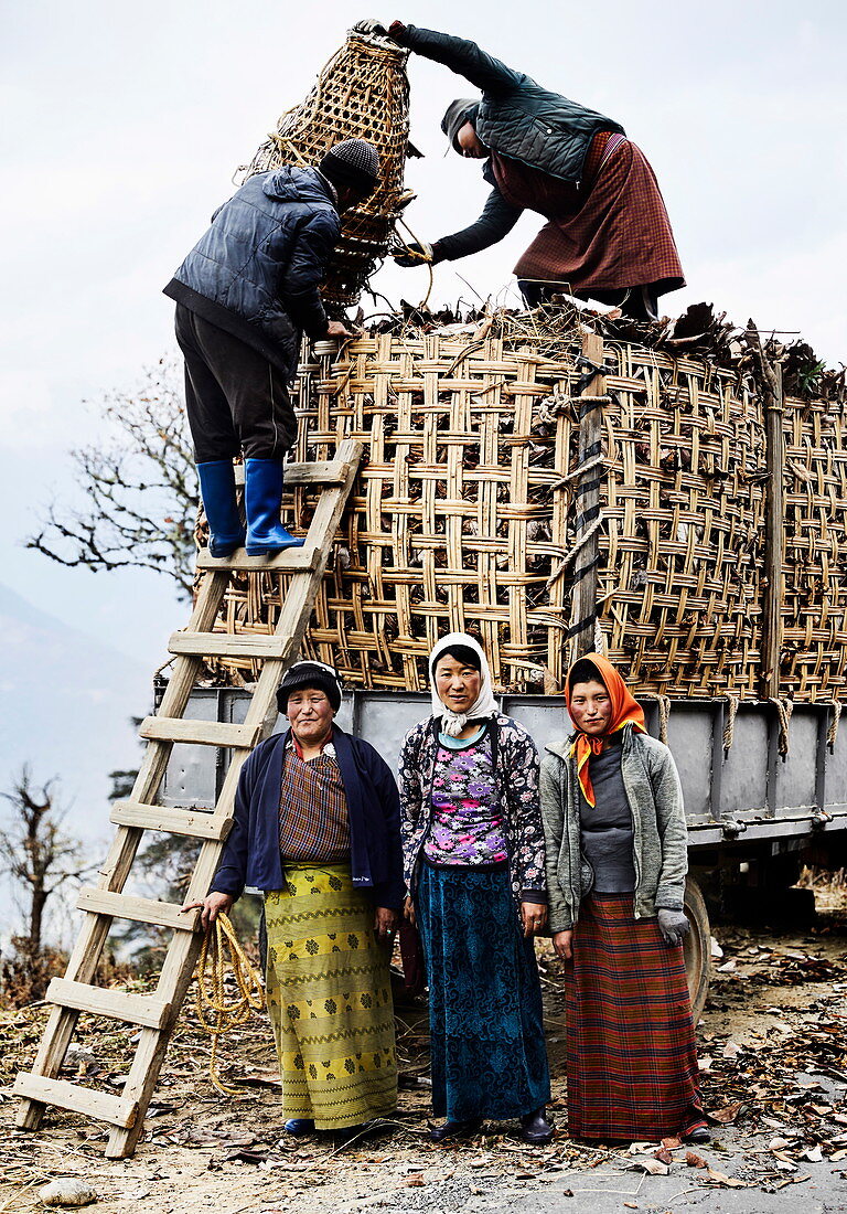 Farmers gather fallen leaves, Bhutan