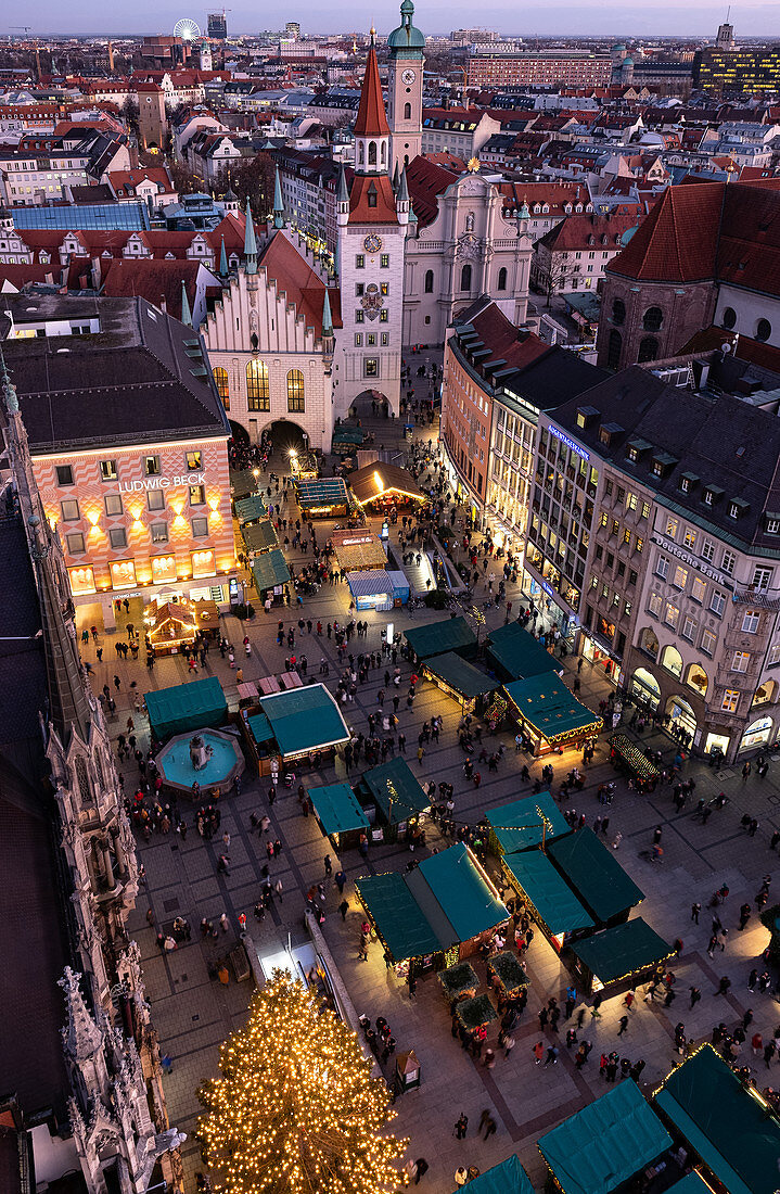 View of the Christmas market on Marienplatz from the town hall tower, Munich, Bavaria, Germany