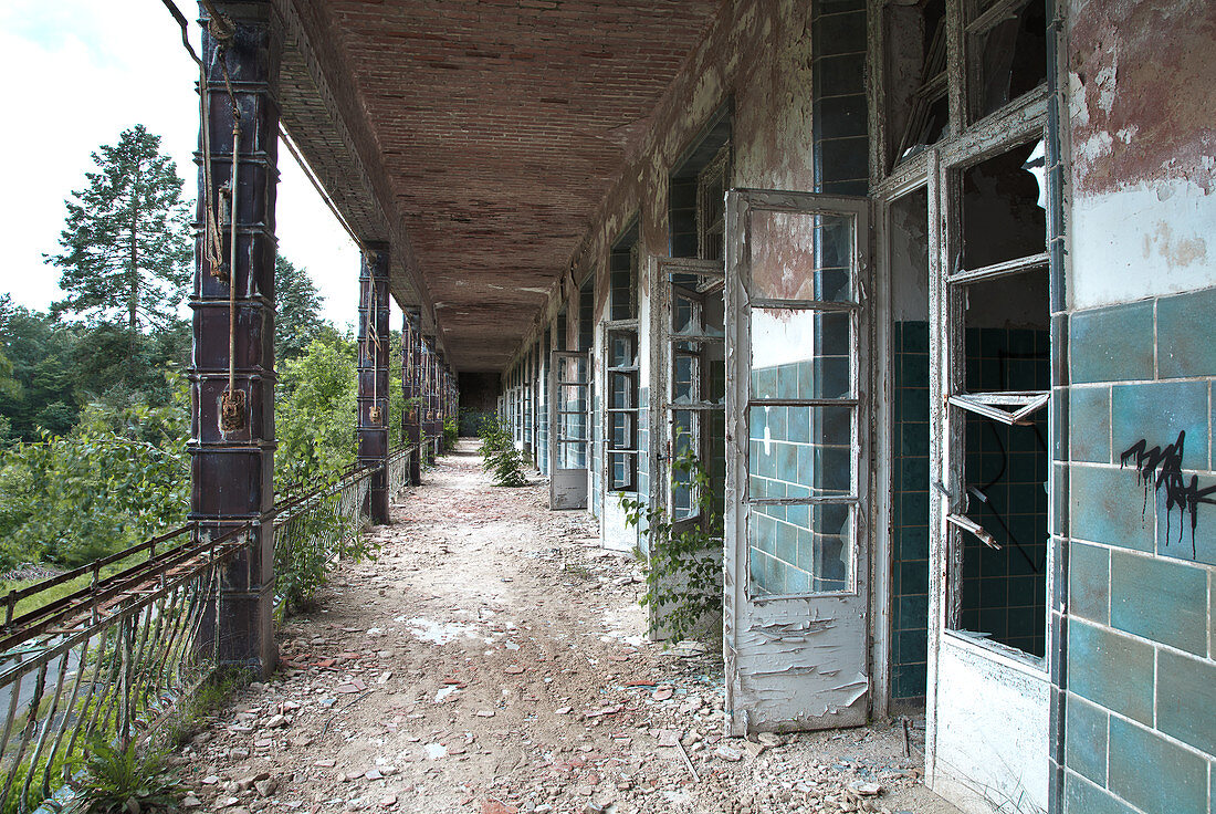 A dilapidated bakon for lung patients in the abandoned Beelitz Heilstätten, Beelitz, Germany