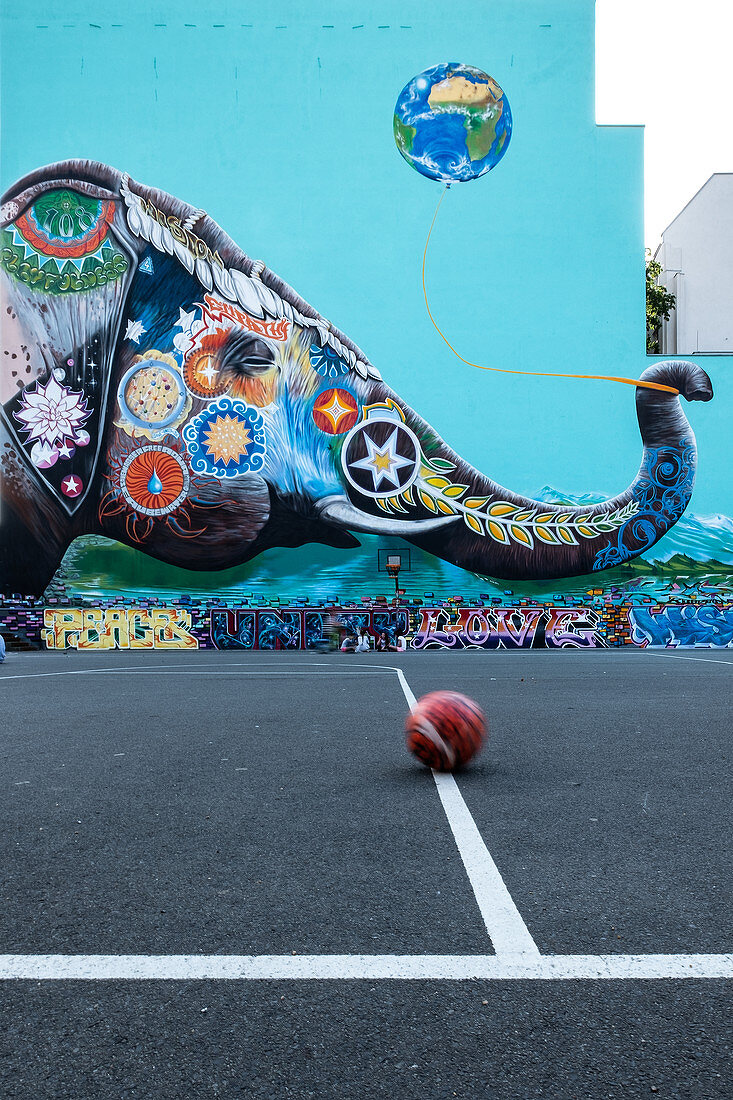 Picture of a giant elephant on the firewall of a sports field, Kreuzberg, Berlin, Germany,