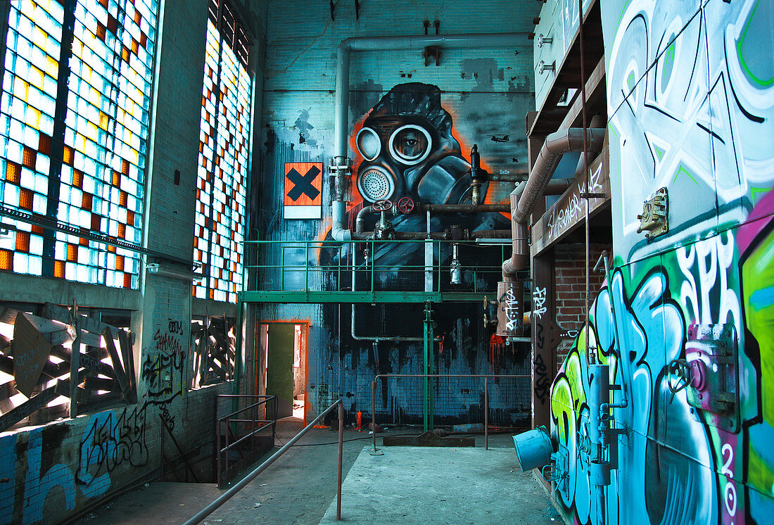 Street art picture in the old boiler house of the abandoned consumer meat shop of the GDR, Berlin-Spandau, Berlin, Germany