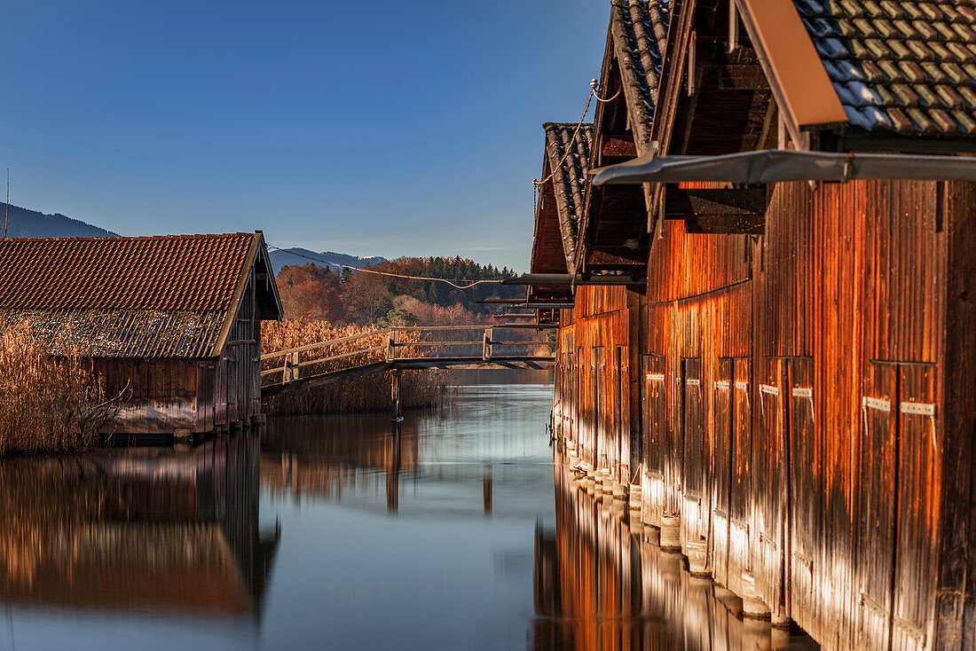 Boathouses in Seehausen am Staffelsee. The Blue Land, Seehausen, Bavaria, Germany