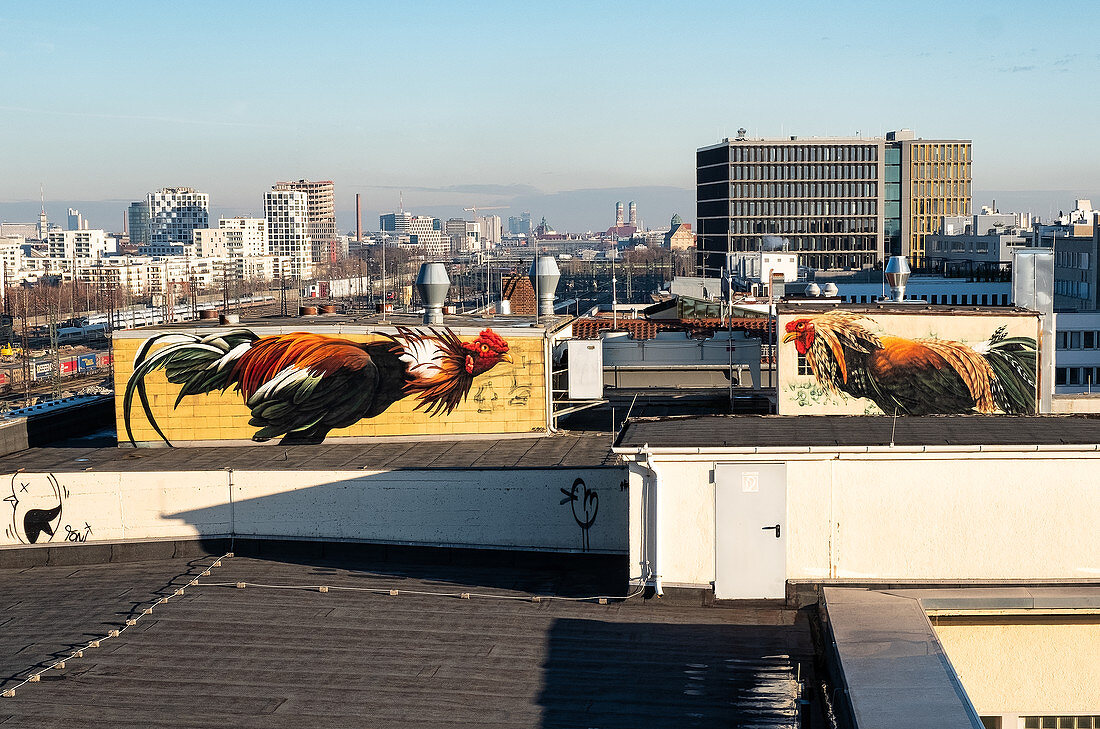 Streetart über den Dächern von München, dargestellt sind zwei Hähne, München, Bayern, Deutschland