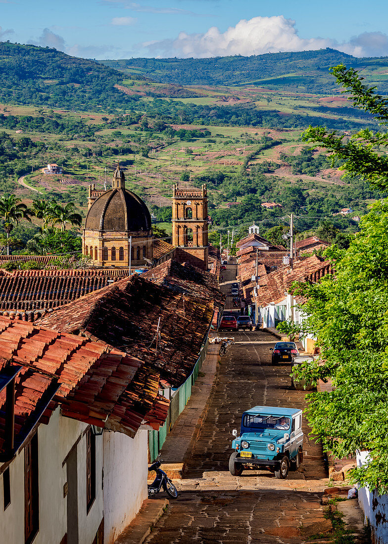 View towards La Inmaculada Concepcion Cathedral, Barichara, Santander Department, Colombia, South America