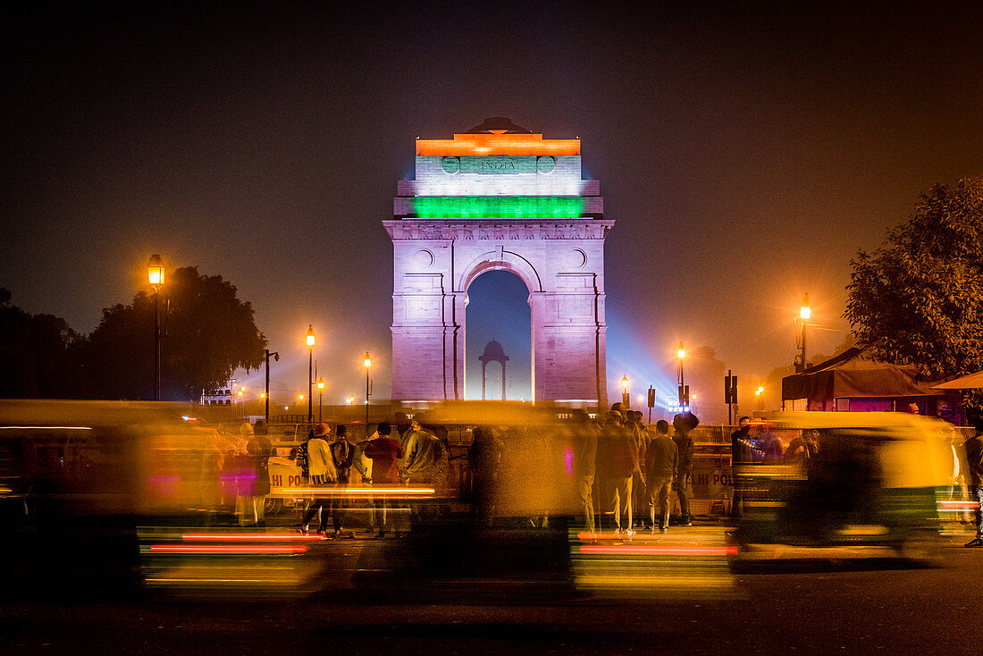 India Gate at night with Indian flag projected on it, New Delhi, India, Asia
