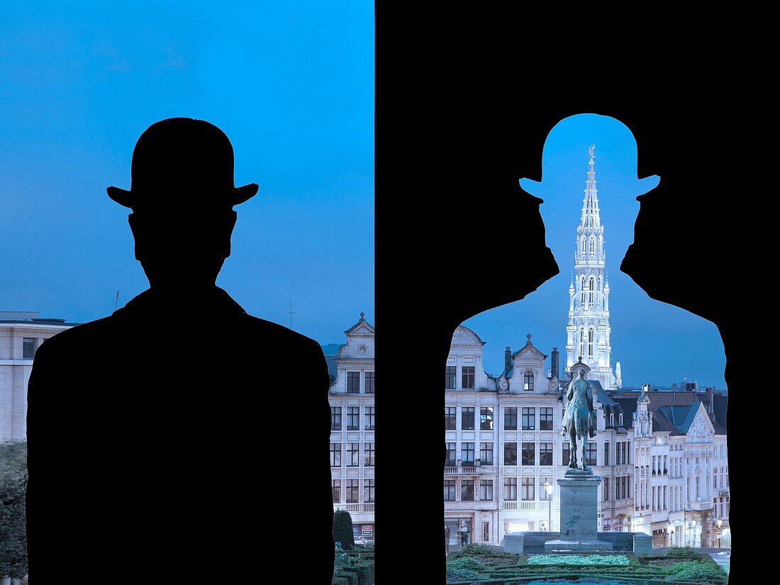 Magrittian reinterpretation of the Monts des Arts, inspired by the work of Magritte, La Decalcomanie, 1966, Brussels, Belgium, Europe