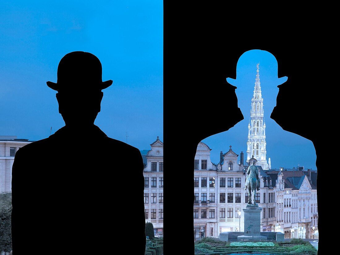 Magrittianische Neuinterpretation der Monts des Arts, inspiriert von der Arbeit von Magritte, La Decalcomanie, 1966, Brüssel, Belgien, Europa