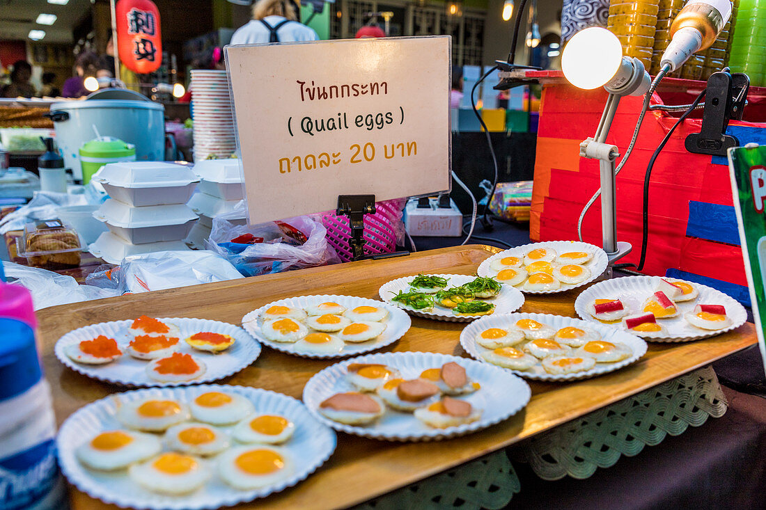 Quails eggs for sale at the famous Walking Street night market in Phuket old Town, Phuket, Thailand, Southeast Asia, Asia