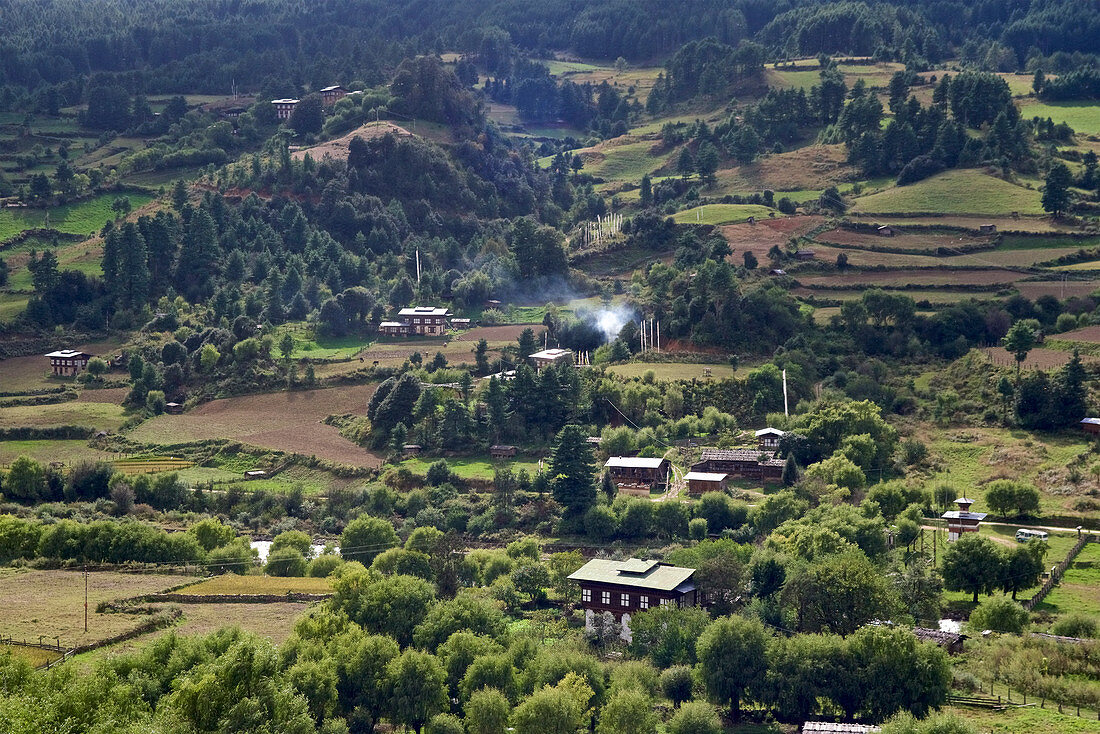 View into the Tang valley, Bumthang, Bhutan, Himalayas, Asia