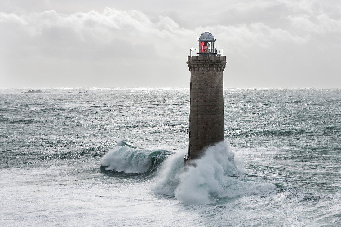 France, Finistere, Iroise Sea, February 8th 2014, Britain lighthouse in stormy weather during storm Ruth, Kereon Lighthouse (aerial view)