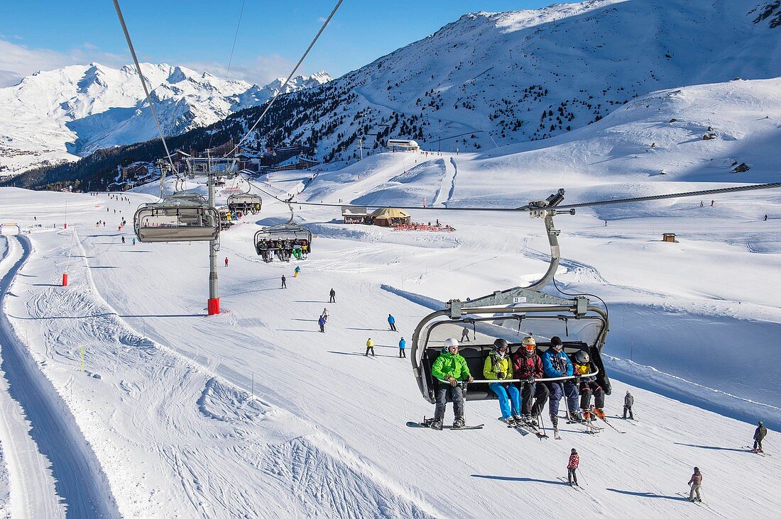 France, Savoie, Vanoise massif, valley of Haute Tarentaise, Les Arcs, part of the Paradiski area with over 425 km of ski slopes, the chairlift Arcabulle