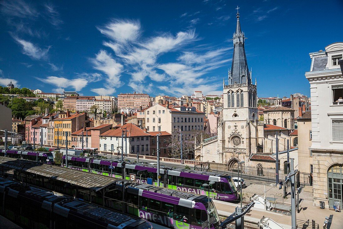 France, Rhone, Lyon, historical site listed as World Heritage by UNESCO, St Paul station and church with a view of the Croix Rousse District