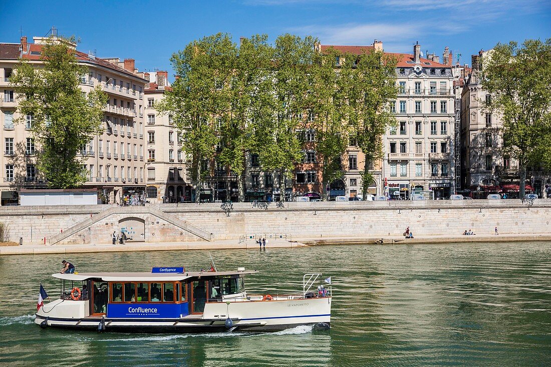 France, Rhone, Lyon, historical site listed as World Heritage by UNESCO, the river taxi connecting the 1st district with the district of La Confluence