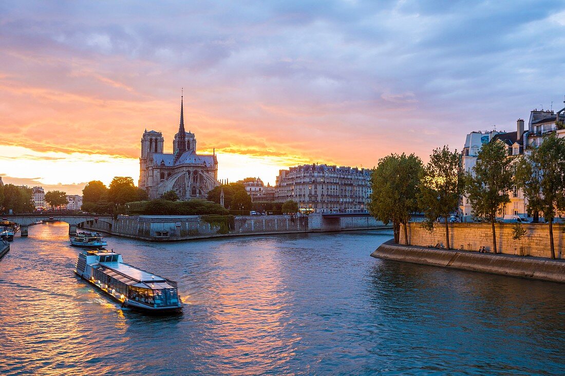 France, Paris, area listed as World Heritage by UNESCO, Ile Saint Louis, Notre Dame Cathedral and a riverboat