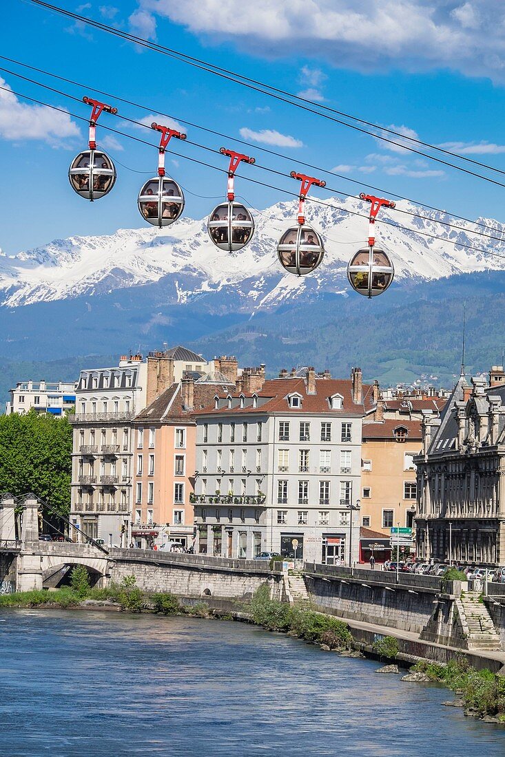 France, Isere, Grenoble, the Bastille cable car or the Bubbles, the first urban cable car in the world with Belledonne massif in the background