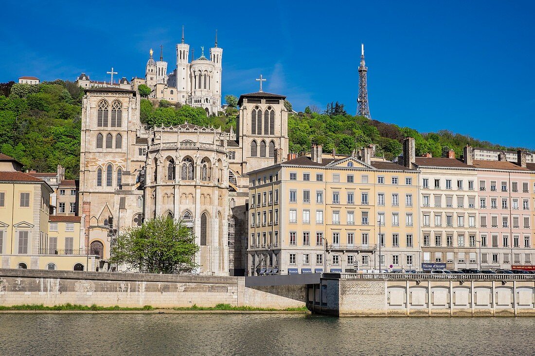 France, Rhone, Lyon, historical site listed as World Heritage by UNESCO, the Saone embankments, Saint Jean Cathedral and the Basilica Notre Dame de Fourviere in the background