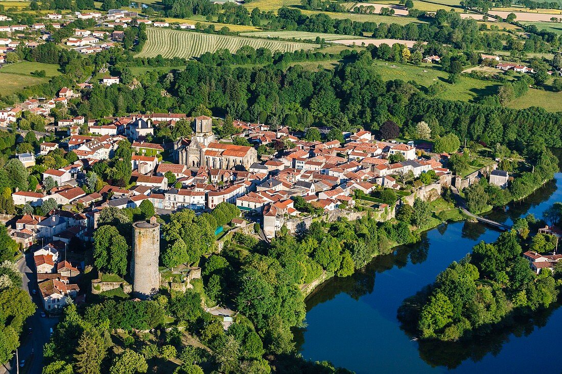 France, Vendee, Vouvant, labelled Les Plus Beaux Villages de France (The Most Beautiful Villages of France) (aerial view)