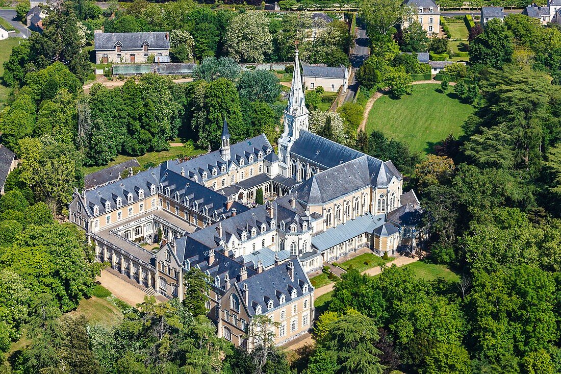 France, Sarthe, Solesmes, Sainte Cecile abbey (aerial view)