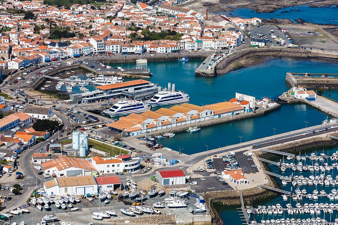 France, Vendee, Yeu island, Port Joinville, the harbour (aerial view)