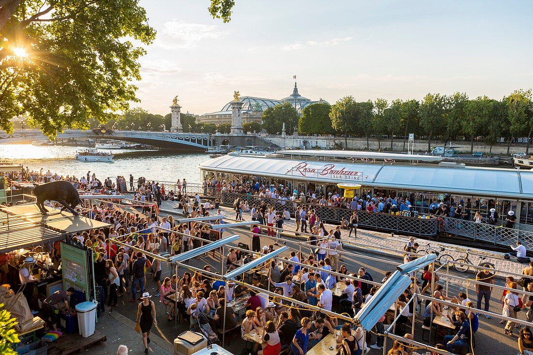 Frankreich, Paris, Gebiet UNESCO Weltkulturerbe, die neuen Berges am Quai d'Orsay und das Binnenschiff Rosa Bonheur sur Seine