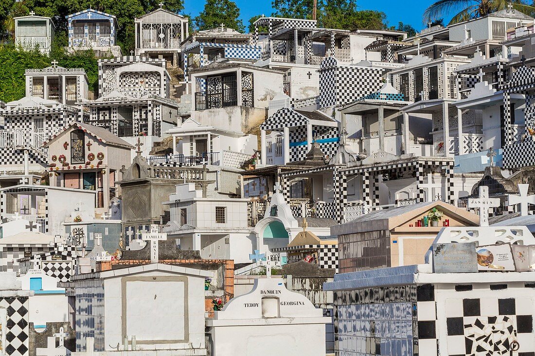 France, Guadeloupe (French West Indies), Grande Terre, Morne a l'Eau, cemetery with approximately 1800 graves decorated with black and white tiled