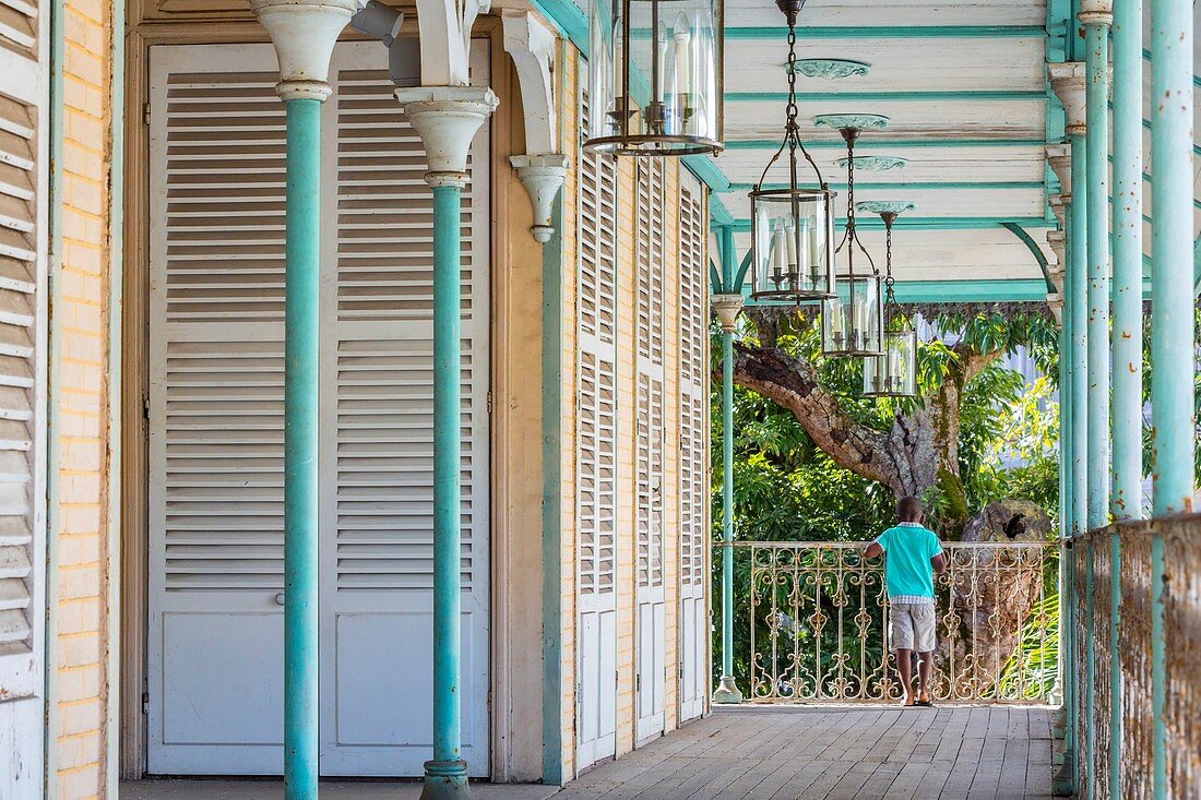 France, Guadeloupe (French West Indies), Grande Terre, Pointe a Pitre, historic district, Saint John Perse museum houses a permanent exhibition on the Creole costumes and on the life of Saint John Perse, long balcony covered the house from 1880