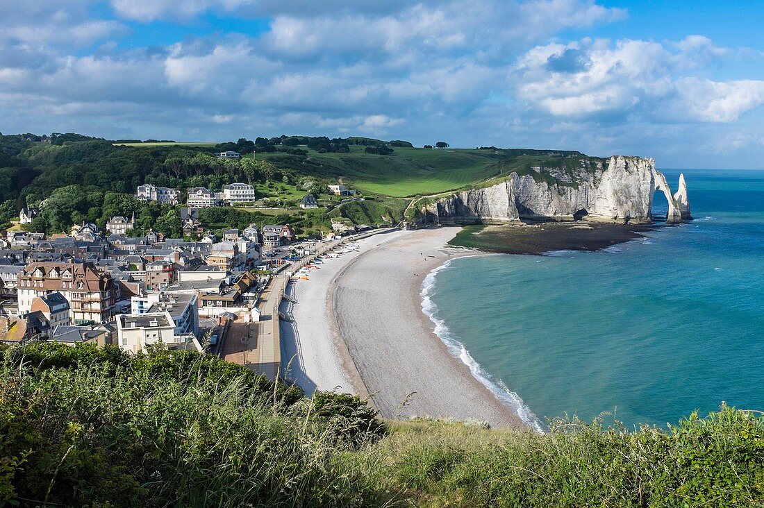 France, Seine Maritime, Pays de Caux, Alabaster Coast, Etretat, the beach and Aval cliff