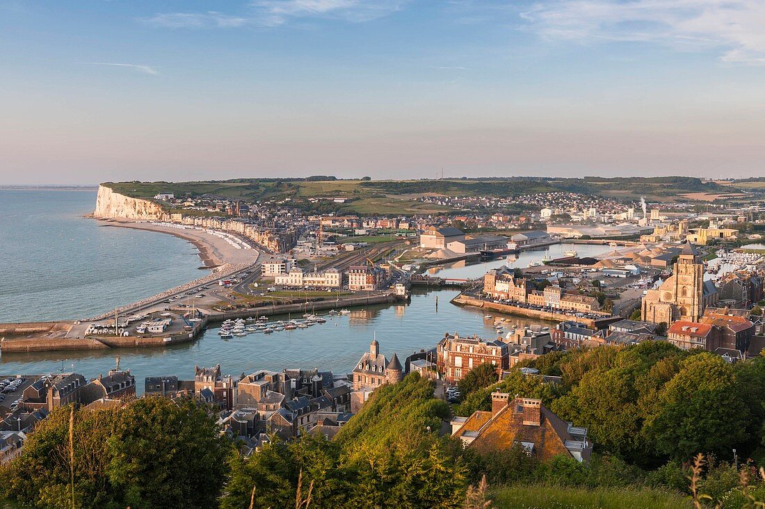 France, Seine Maritime, Le Treport, panoramic view over the town, Mers les Bains in the background