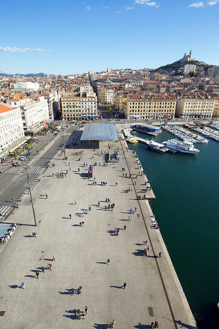 France, Bouches du Rhone, Marseille, Vieux Port, Fraternite dock, Notre Dame de la Garde in the background