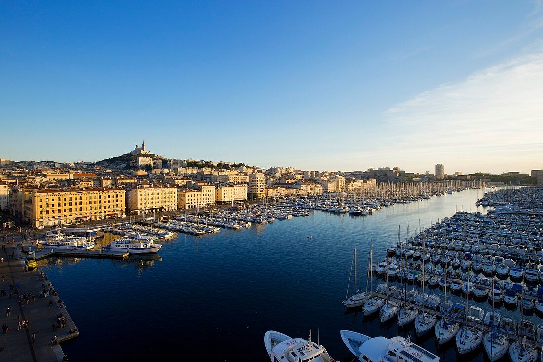 France, Bouches du Rhone, Marseille, Vieux Port, Notre Dame de la Garde in the background