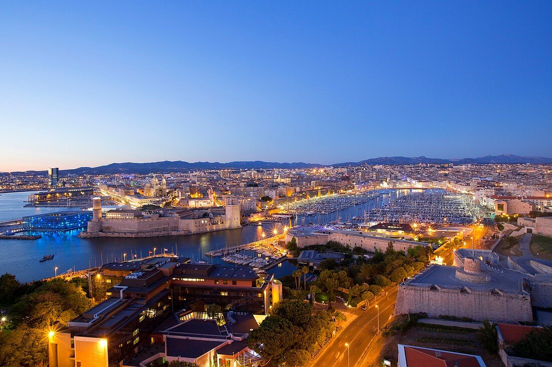 France, Bouches du Rhone, Marseille, district Pharo, Fort St Jean class historical monument Citadel Saint Nicolas Historical Monument, Fort d'Entrecasteaux and Fort Ganteaume (17th century), and the Sofitel Vieux Port in the background