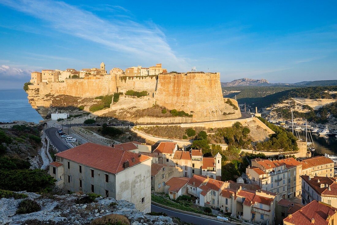 France, Corse-du-Sud, Bonifacio, the old town or Upper Town perched on limestone cliffs more than 60 meters high, Etendard bastion